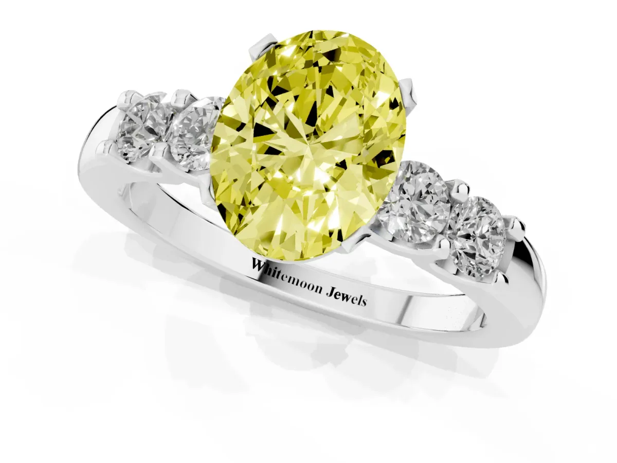 Fancy Yellow Oval Cut Brilliant Cut Diamond Five-Stone Prong Set Engagement Ring with Channel Band Silver