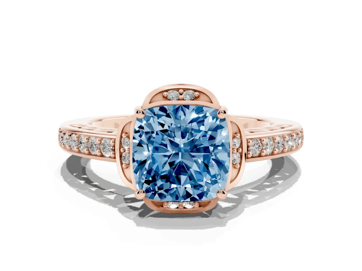 Fancy Blue Cushion Cut Cut Halo Diamond Ring with Channel Set Band and Four-Prong Setting Rose gold