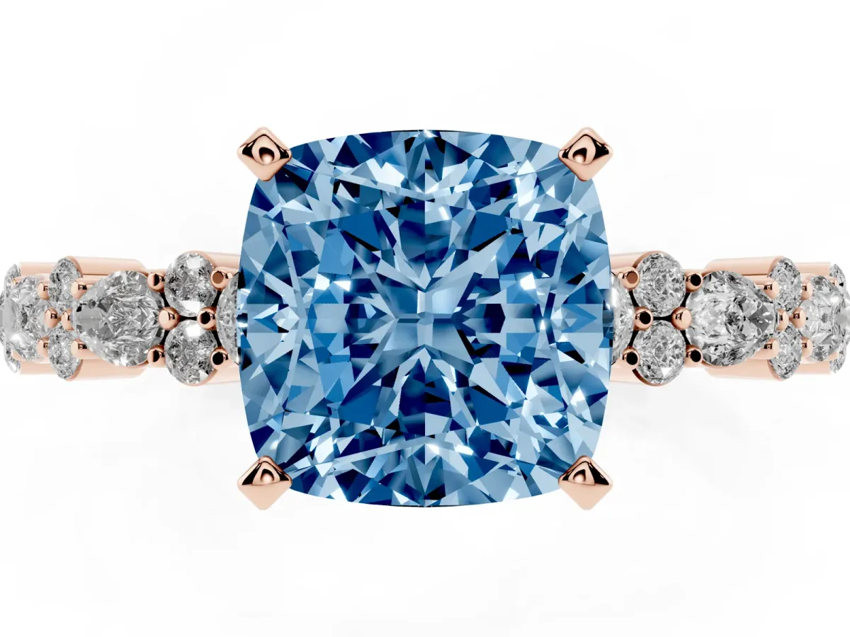 Fancy Blue Cushion Cut Diamond Side Stone Solitaire Ring with Round and Four-Prong Setting Rose gold