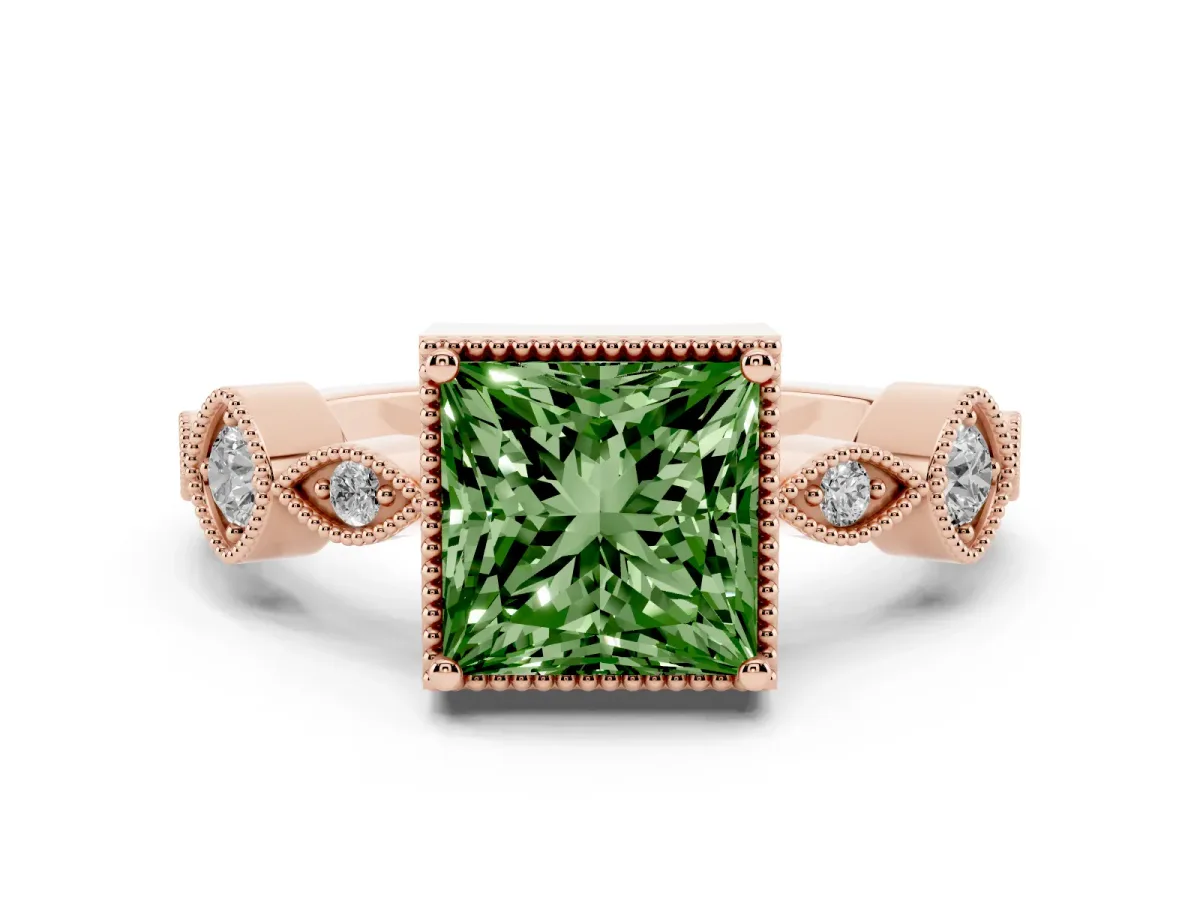 Fancy Green Princess Cut Diamond Vintage Milgrain Ring with Round Stations Rose gold