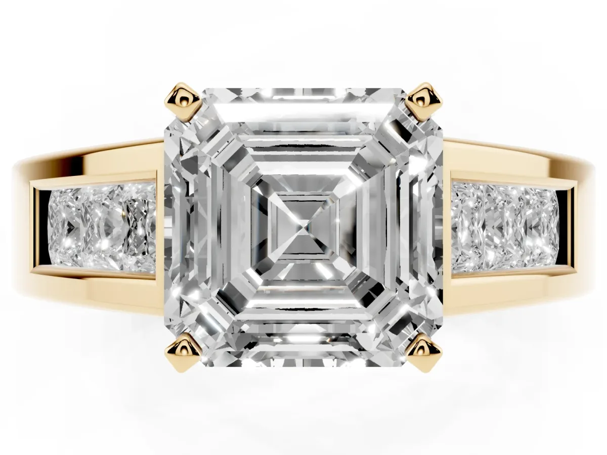 Asscher Cut Cut Channel Set Solitaire Ring with Four-Prong Setting Yellow gold