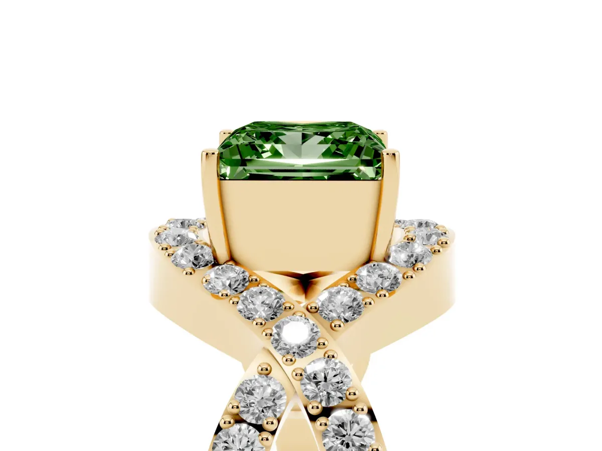 Fancy Green Princess Cut Solitaire Twist Band Pavé Diamond Engagement Ring Yellow gold
