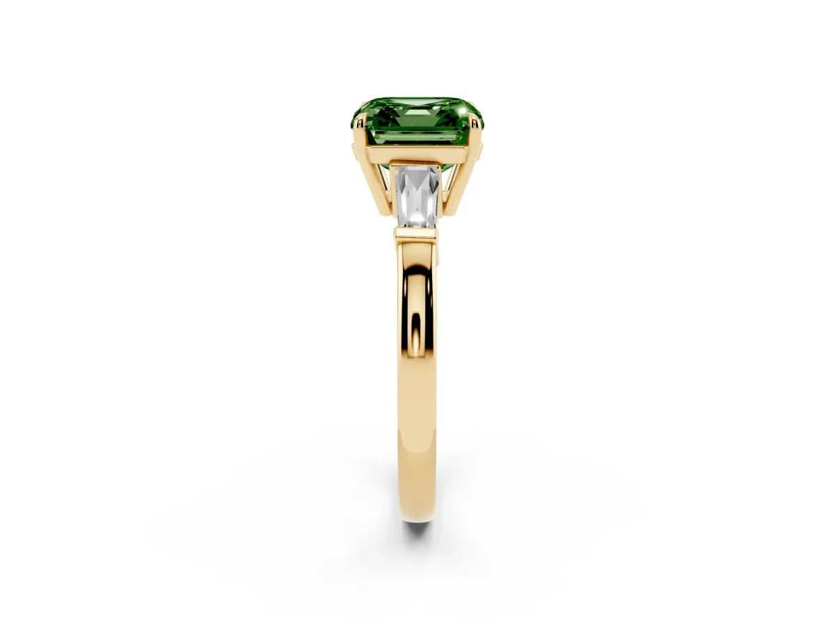 Fancy Green Asscher Cut Diamond Three-Stone Ring with Tapered Baguette Side Stones and Prong Setting Yellow gold