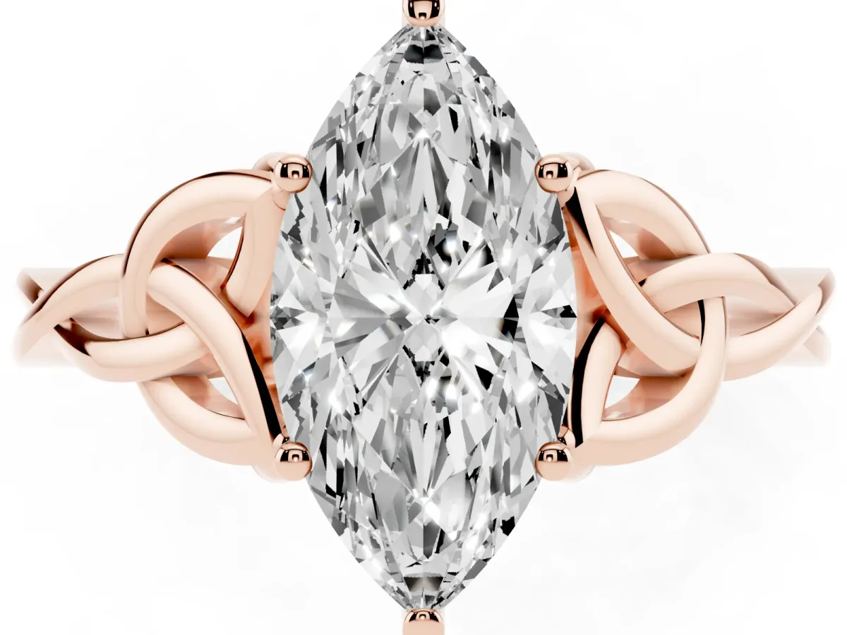 Marquise Cut Diamond Solitaire Engagement Ring with Celtic Knot Band and Four-Prong Setting Rose gold