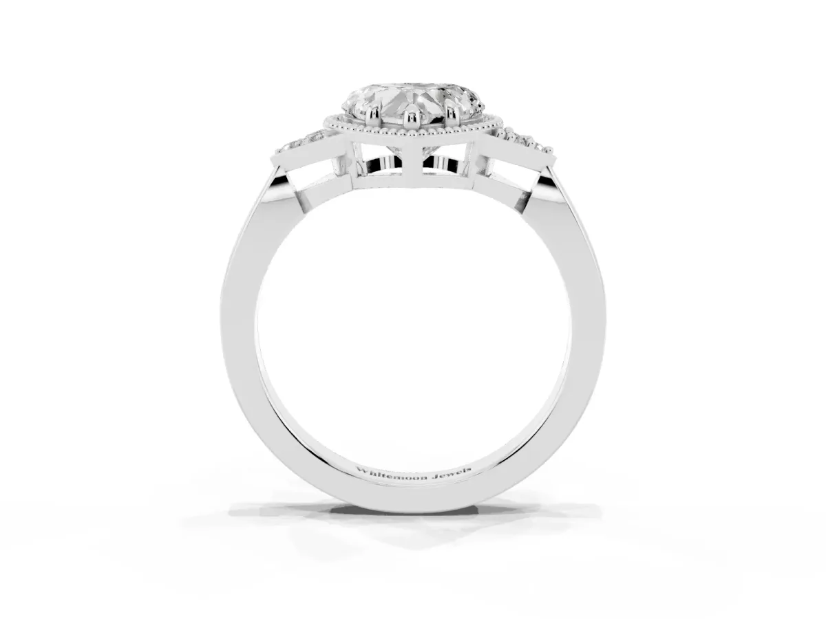 Hexagonal Halo Heart Cut Diamond Solitaire with Pavé Band and Four-Prong Setting Platinum