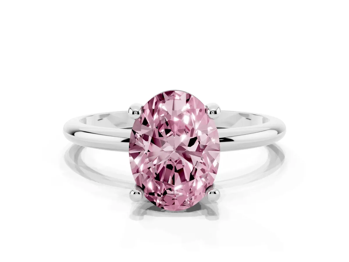 Fancy Pink Oval Cut Solitaire Diamond Ring with 4-Prong Setting on a Classic Band Platinum