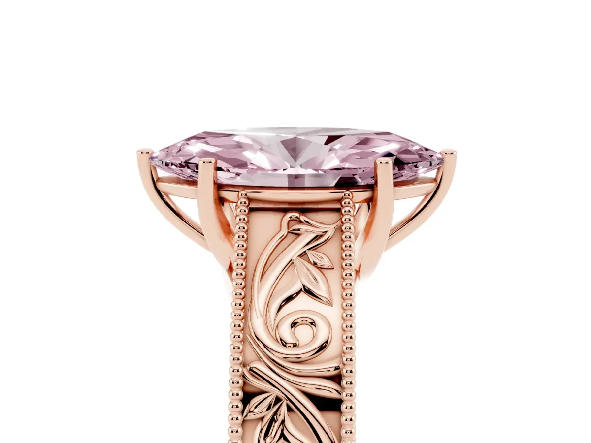 Fancy Pink Marquise Cut Diamond Solitaire Ring with Engraved Band and Four-Prong Setting Rose gold