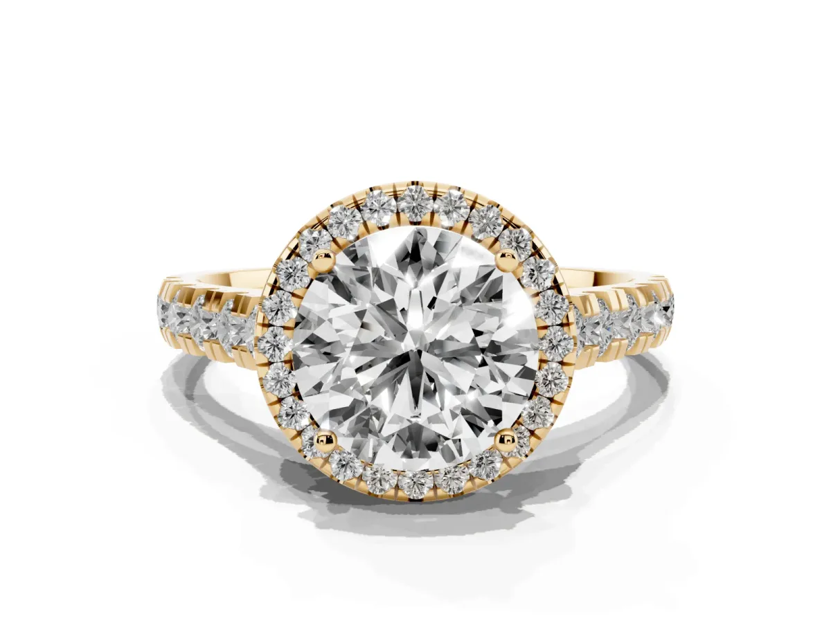 Round Cut Halo Pavé Diamond Engagement Ring with Four-Prong Setting Yellow gold