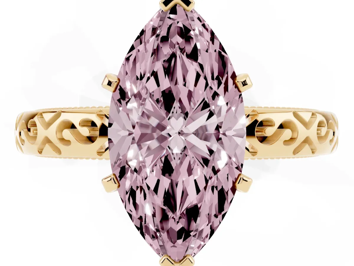 Fancy Pink Marquise Cut Solitaire Engagement Ring with Scrollwork Band and Four-Prong Setting Yellow gold