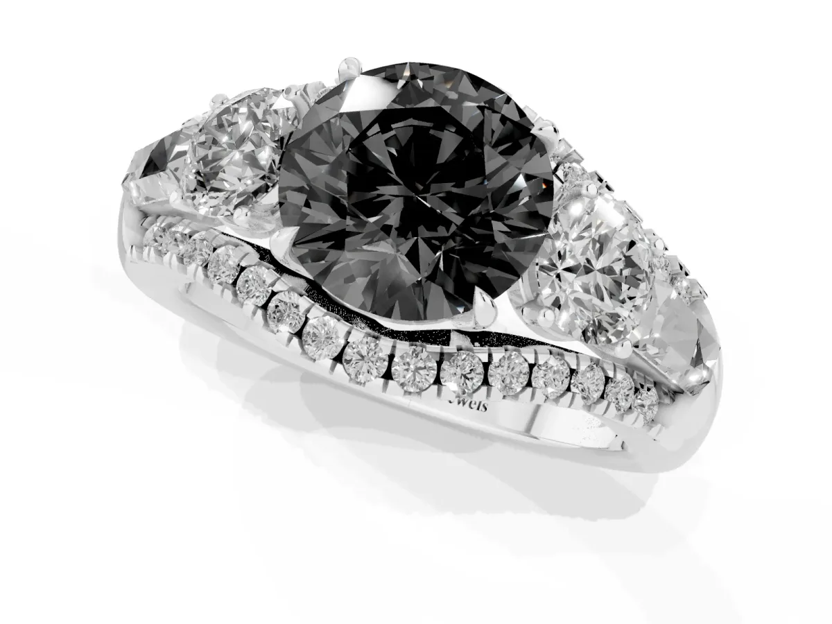 Fancy Black Three-Stone Round Cut Diamond Engagement Ring with Pave Band and Prong Setting Silver