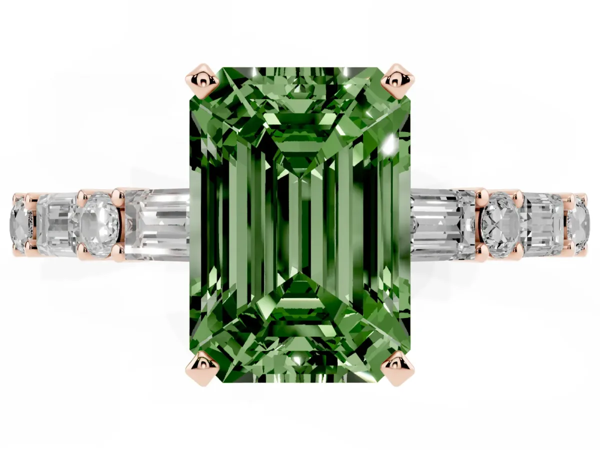 Fancy Green Emerald Cut Diamond Solitaire with Side Baguettes and Channel Set Band Rose gold