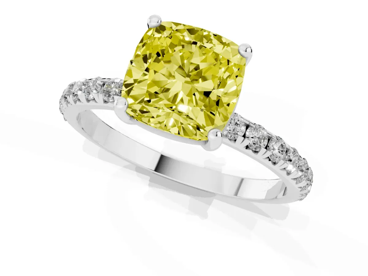 Fancy Yellow Cushion Cut Cut Diamond Solitaire Ring with Micro Pave Band and Four Prong Setting Silver