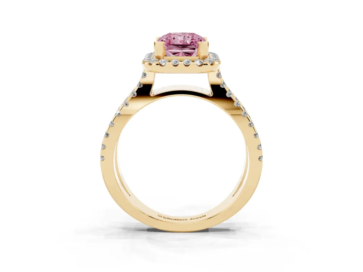 Fancy Pink Radiant Cut Diamond Halo Ring with Split Shank Pavé Band and Prong Setting Yellow gold