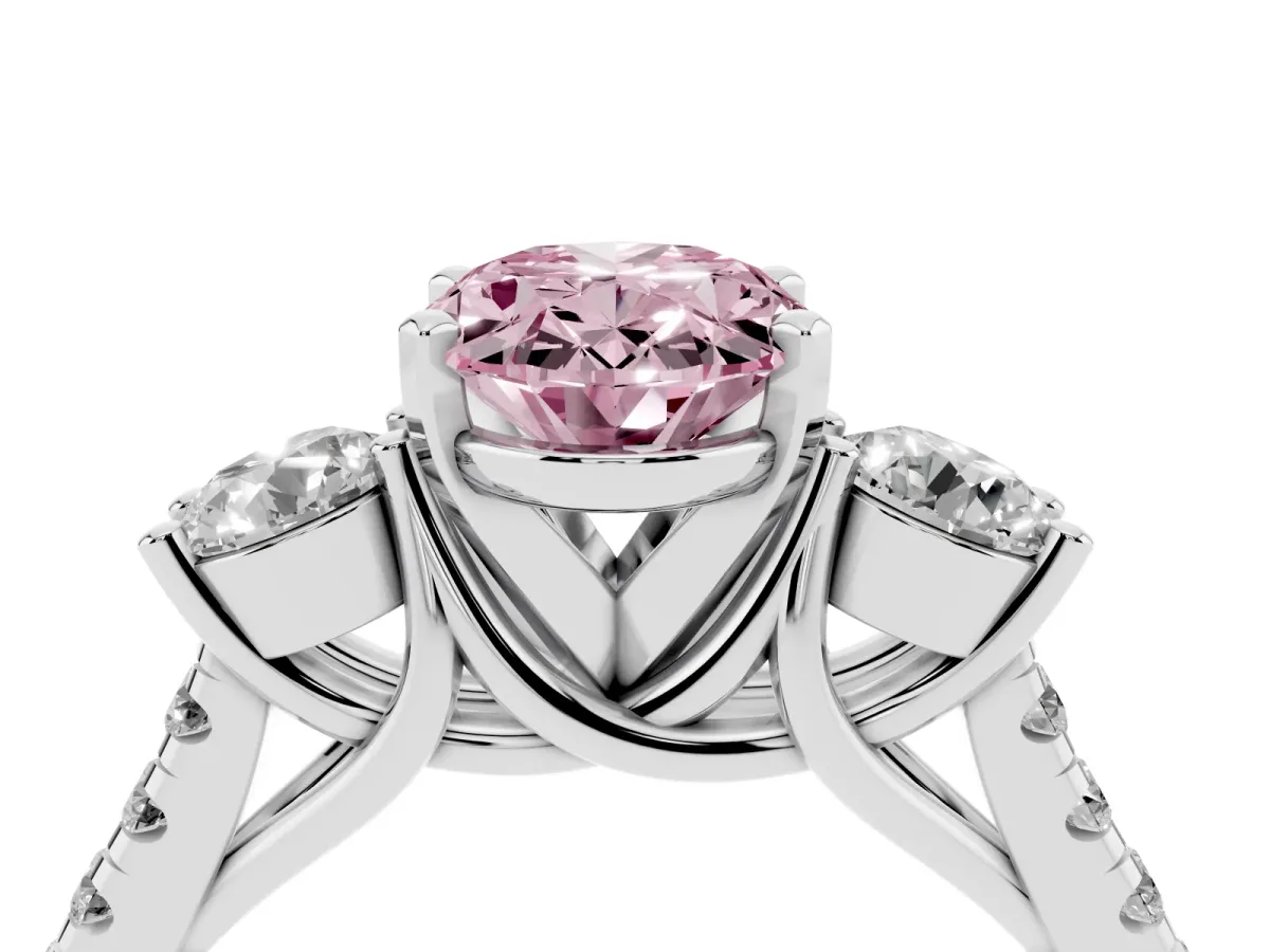 Fancy Pink Three-Stone Oval Cut Diamond Pavé Band with Four-Prong Setting Platinum