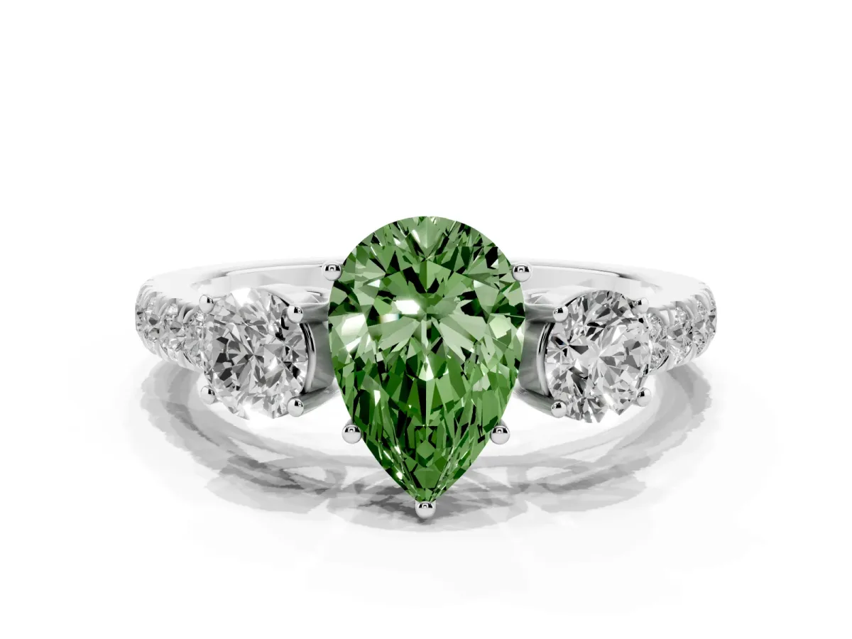 Fancy Green Pear Cut Cut Diamond Three-Stone Ring with Round Side Stones and Pavé Band Platinum