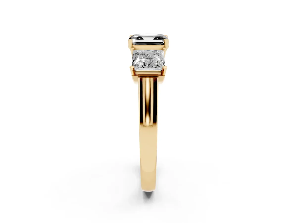 Fancy Black Three-Stone Asscher Cut Brilliant Diamond Trellis Ring with Comfort Fit Band Yellow gold