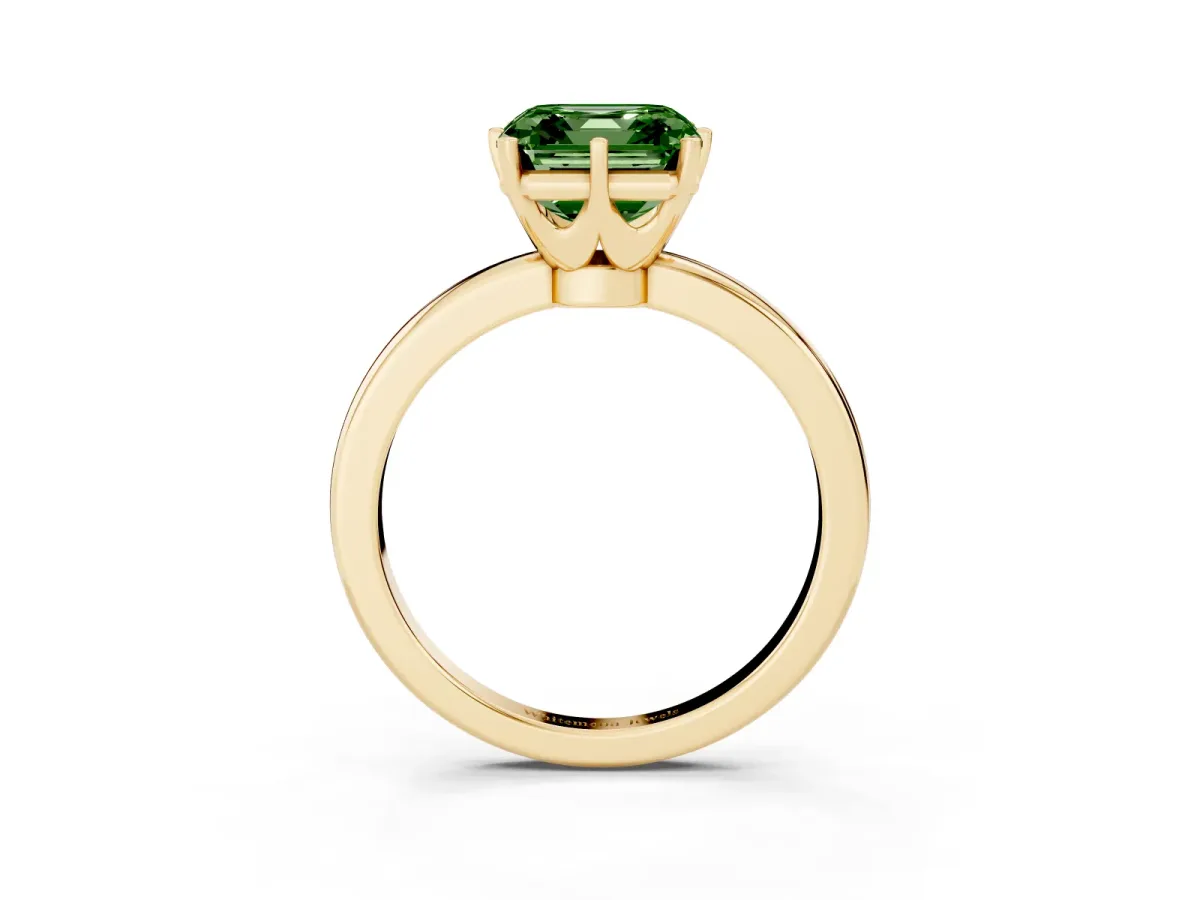 Fancy Green Asscher Cut Solitaire Diamond Ring with Six-Prong Setting on a Classic Band Yellow gold