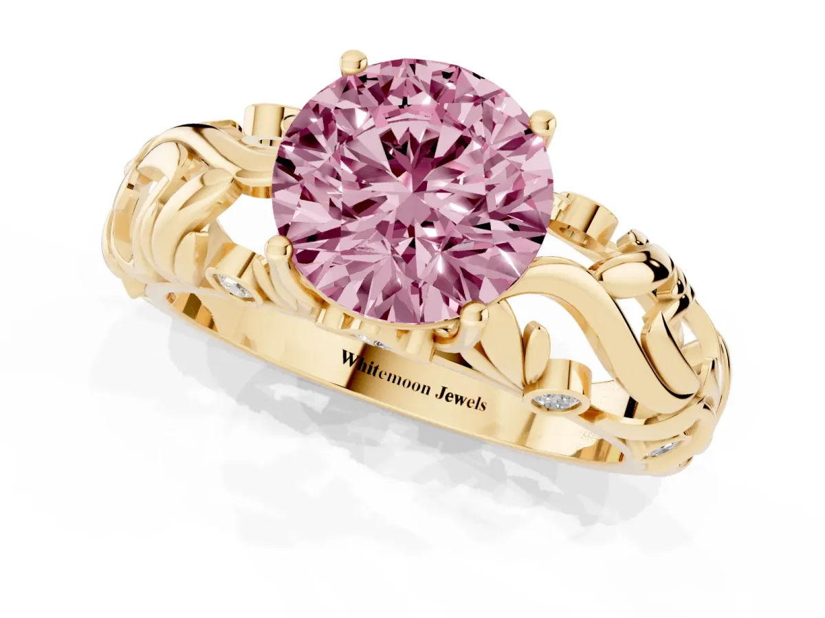 Fancy Pink Round Cut Solitaire Diamond Leaf-Inspired Vine Band Ring with Prong Setting Yellow gold