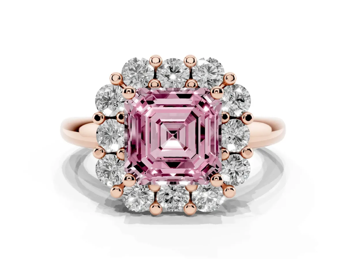 Fancy Pink Asscher Cut Halo Cluster Diamond Engagement Ring with Prong Setting and Polished Band Rose gold