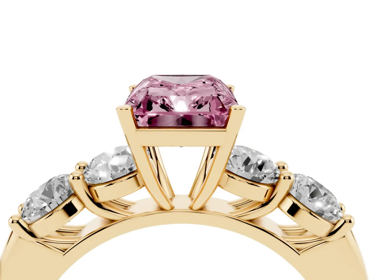 Fancy Pink Radiant Cut Cut Five-Stone Prong Set Diamond Ring with Classic Band Yellow gold