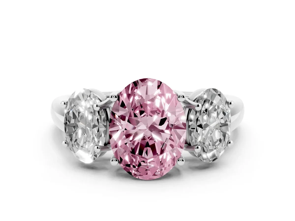 Fancy Pink Three-Stone Oval Cut Diamond Engagement Ring with Prong Setting White gold