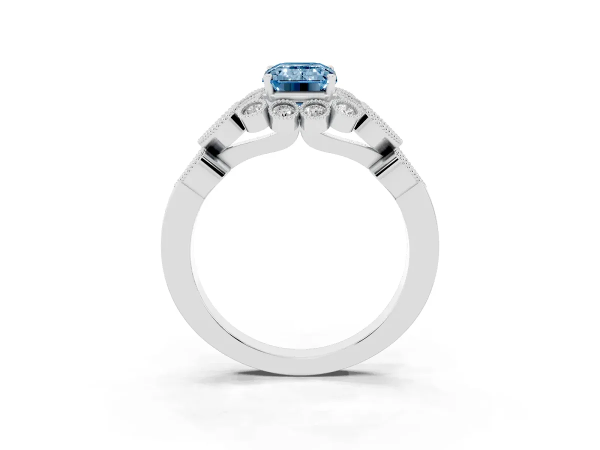 Fancy Blue Emerald Cut Brilliant Milgrain Pave Heart Band Solitaire Ring Silver