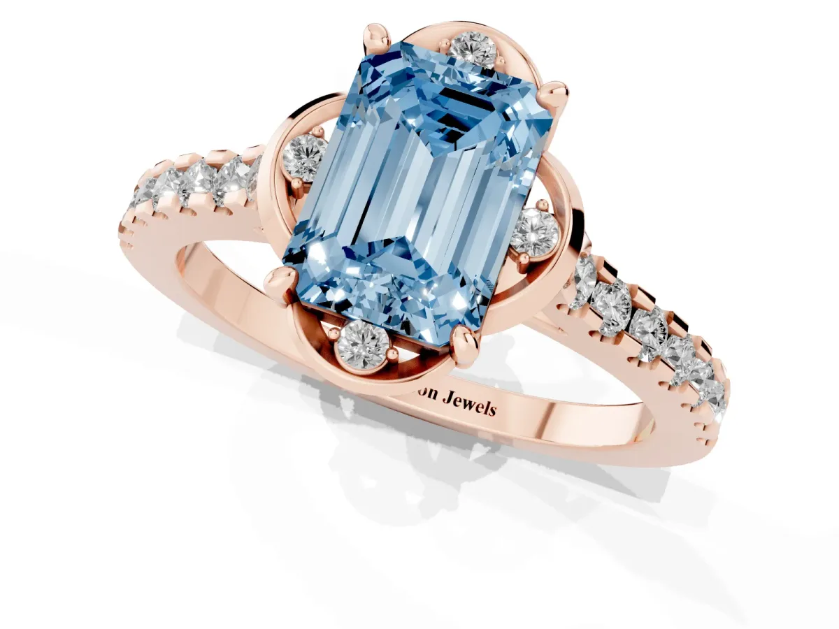 Fancy Blue Emerald Cut Diamond Ring with Pavé Band and Floral Prong Setting Rose gold