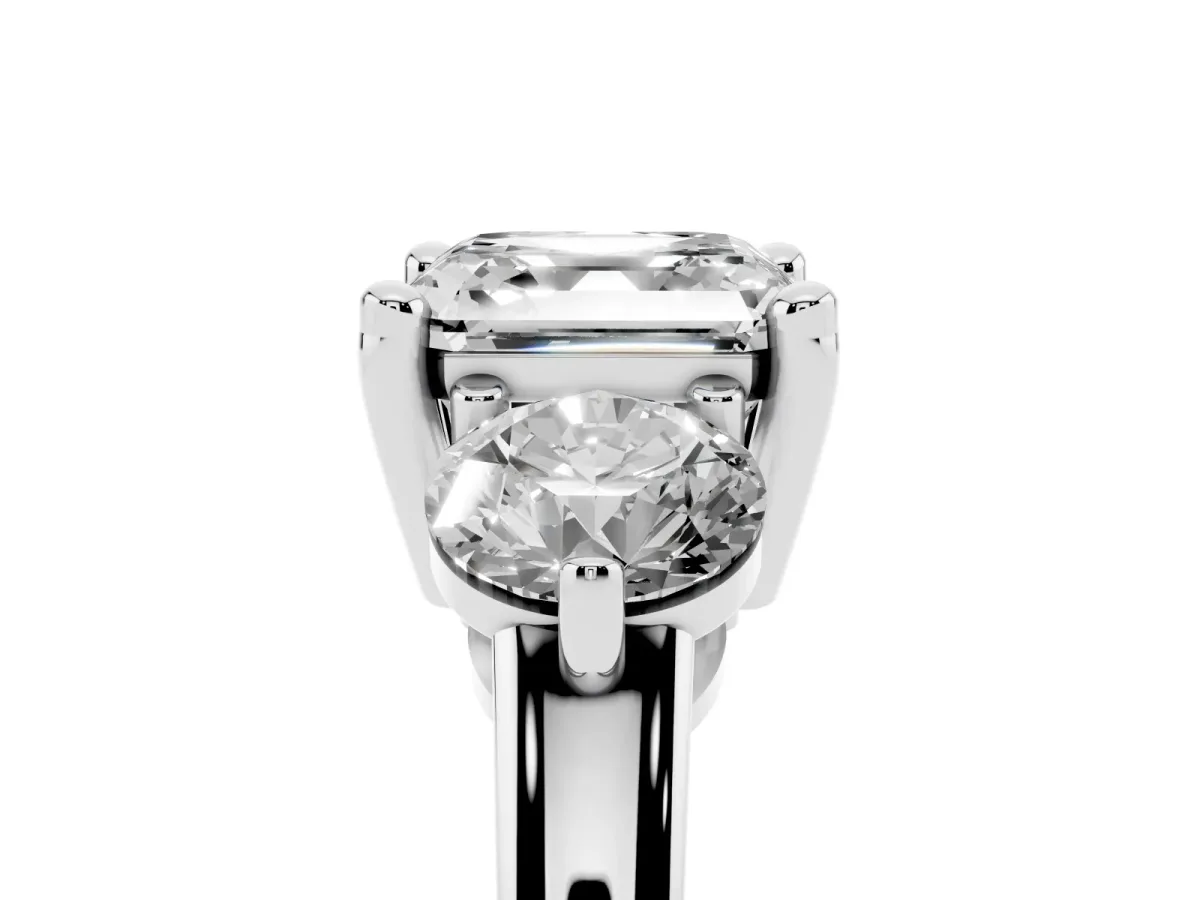 Three-Stone Asscher Cut Brilliant Cut Solitaire Ring with Prong Setting on a Classic Band White gold