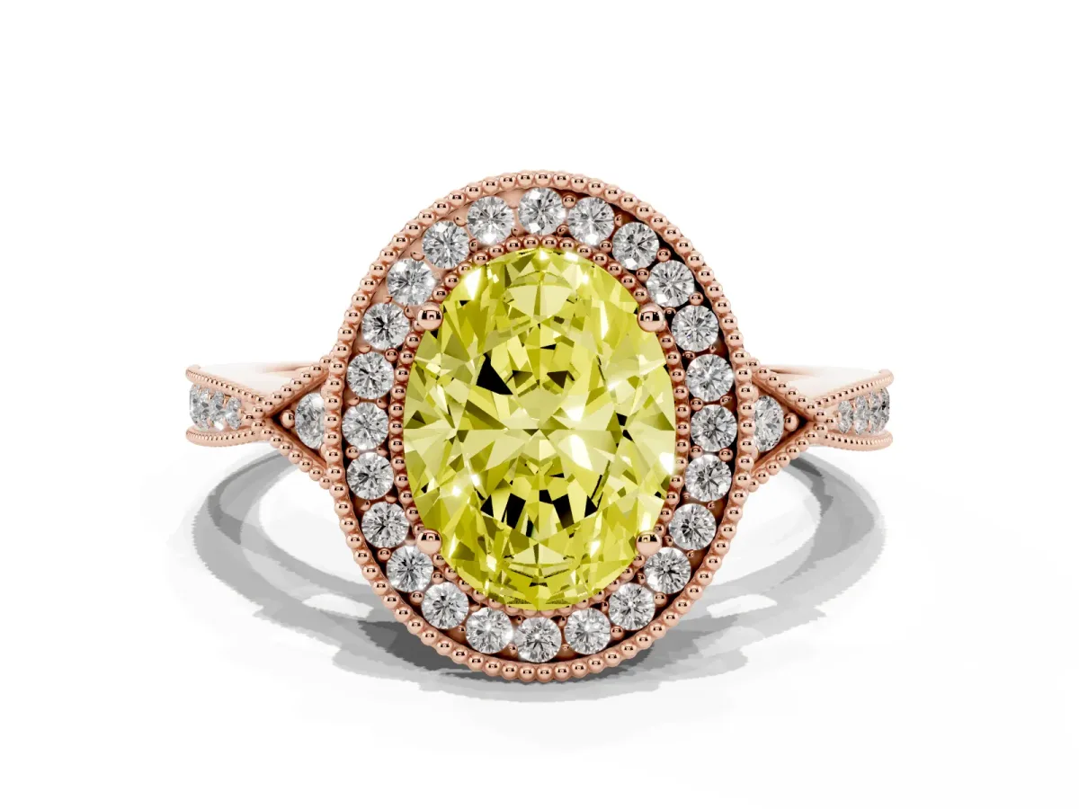 Fancy Yellow Oval Cut Halo Round Diamond Milgrain Pave Engagement Ring Rose gold
