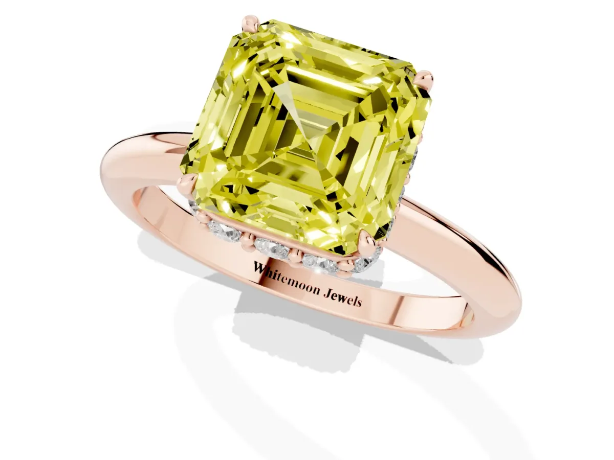 Fancy Yellow Asscher Cut Brilliant Solitaire Engagement Ring with Six-Prong Setting and Classic Band Rose gold