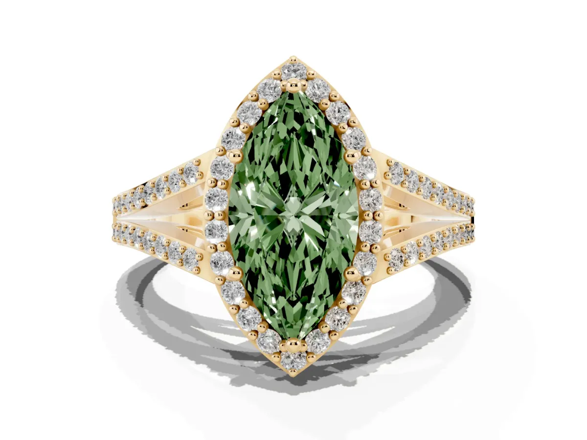 Fancy Green Marquise Cut Halo Split Shank Diamond Ring with Prong Setting Yellow gold