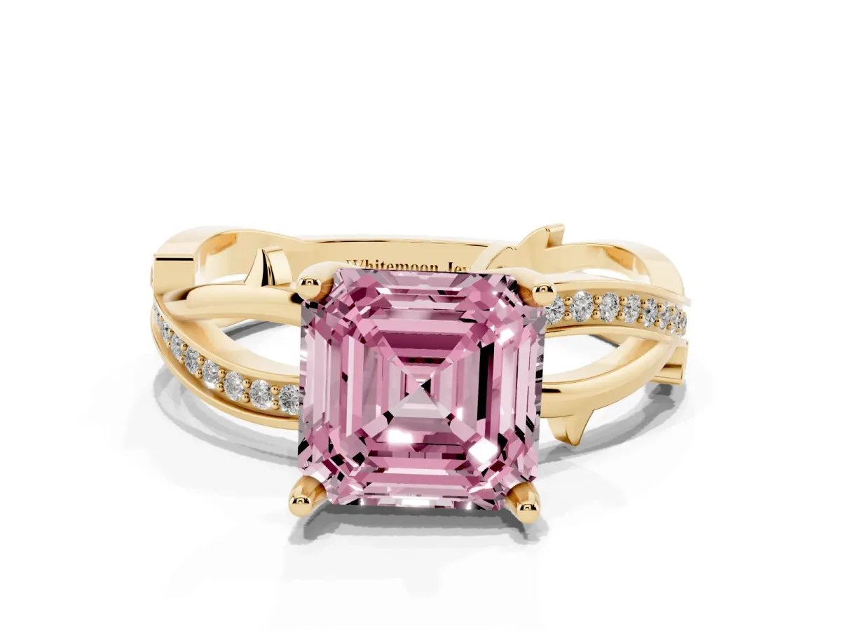 Fancy Pink Asscher Cut Solitaire Twist Band with Pavé Accents and Four-Prong Setting Yellow gold