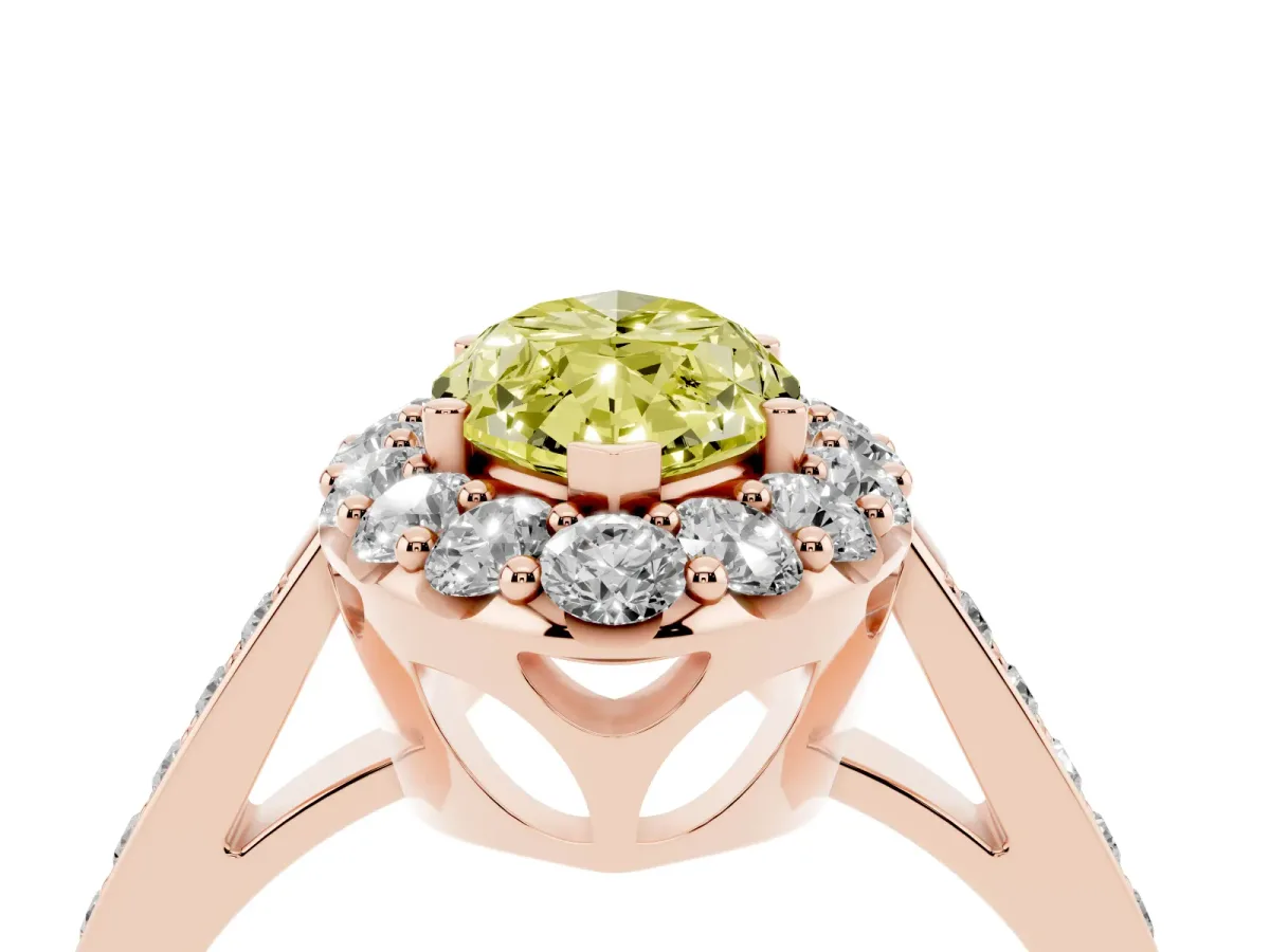 Fancy Yellow Marquise Cut Diamond Floral Halo Ring with Pavé Band and Prong Setting Rose gold