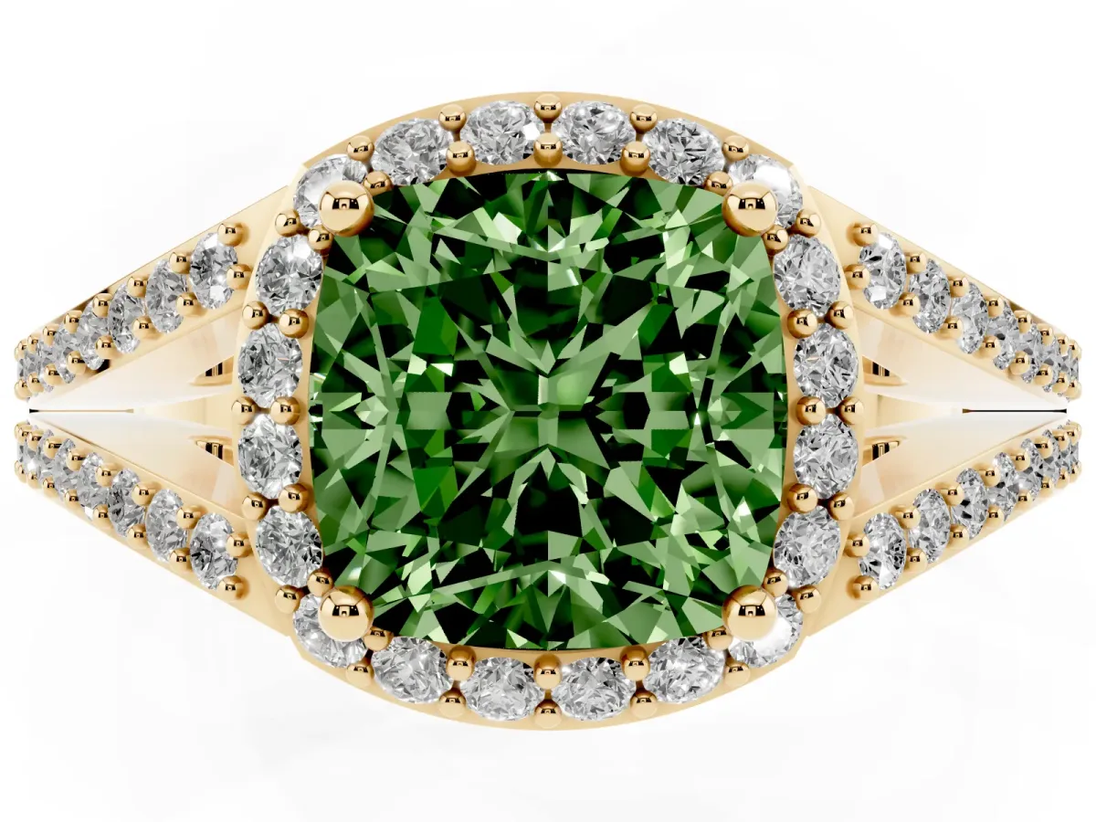 Fancy Green Cushion Cut Halo Split Shank Pave Diamond Ring with Four-Prong Setting Yellow gold