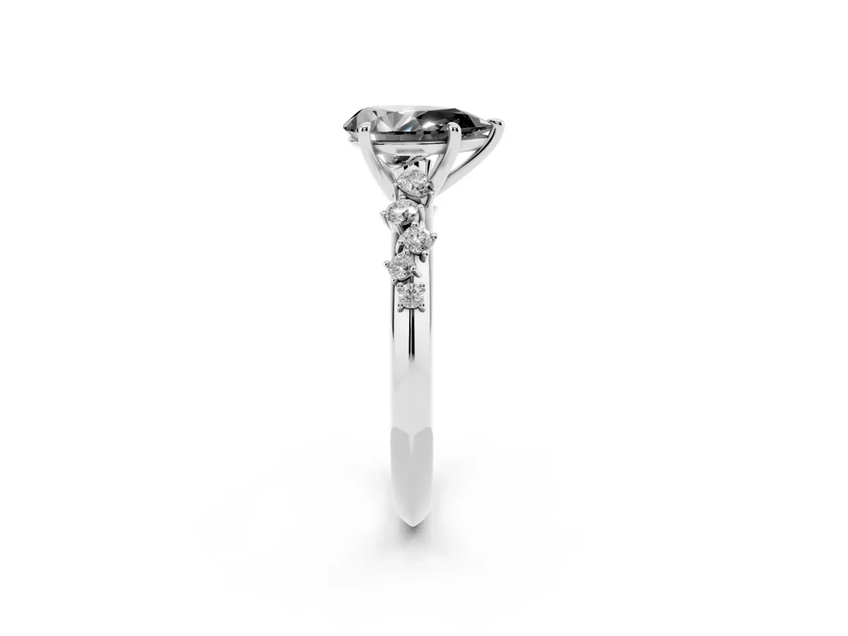 Fancy Black Pear Cut Diamond Cluster Side Stone Solitaire Ring with Prong Setting Silver