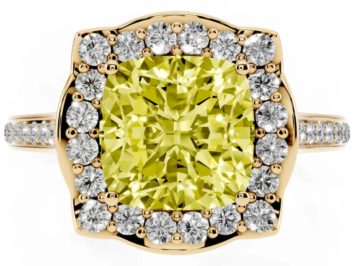 Fancy Yellow Cushion Cut Halo Round Diamond Pave Band with Four-Prong Setting Yellow gold