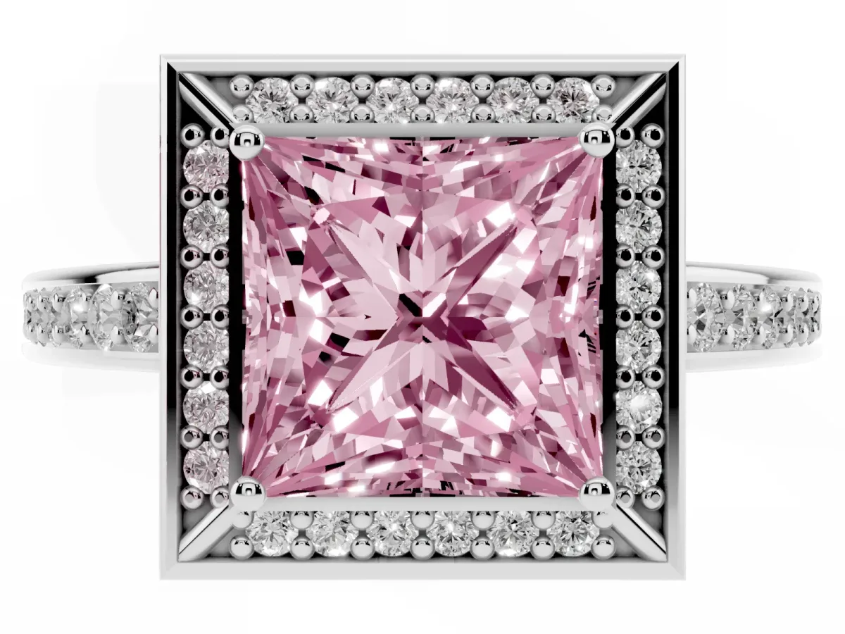 Fancy Pink Princess Cut Cut Halo Pave Split Shank Prong Setting Ring Silver