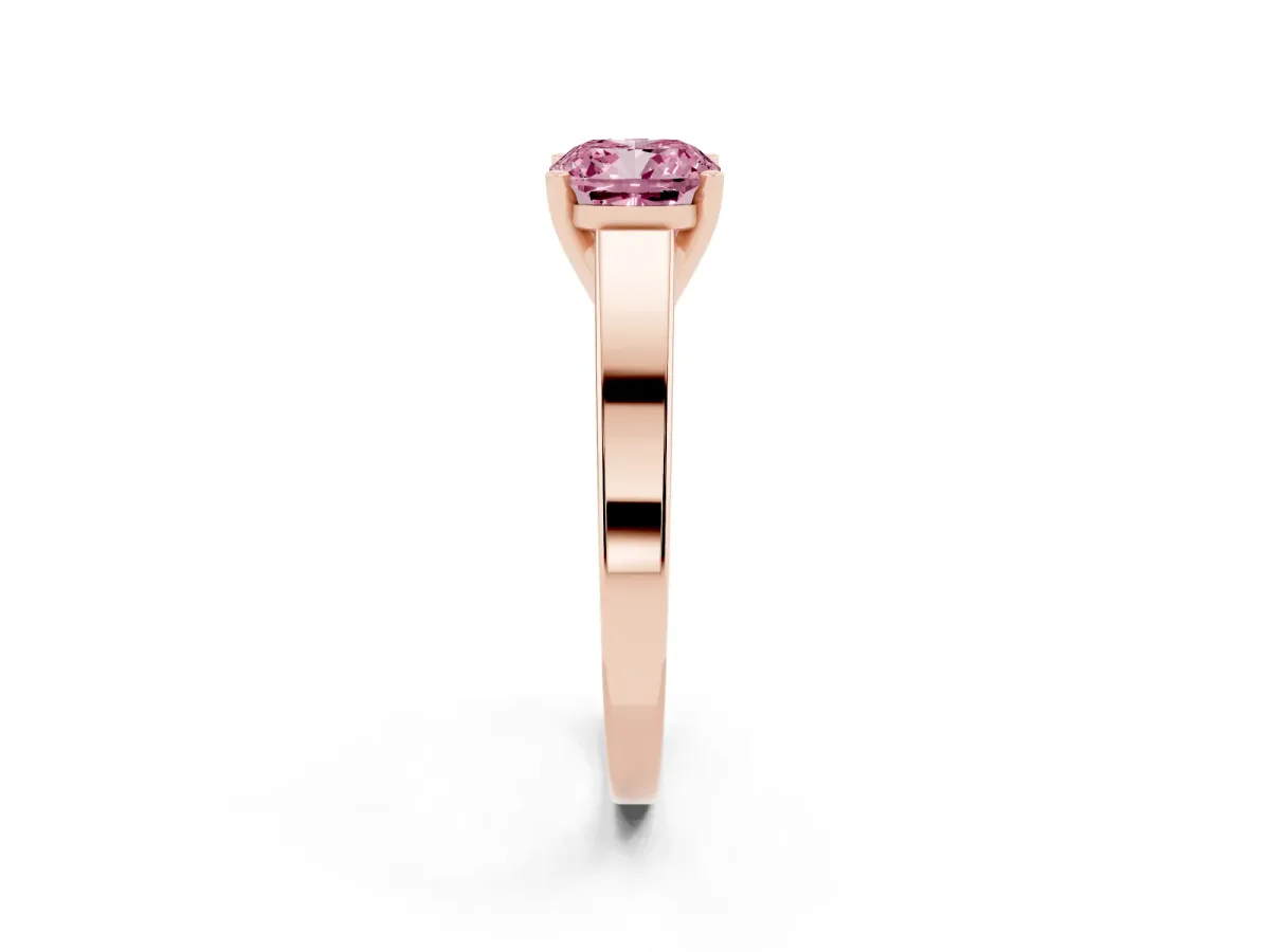 Fancy Pink Cushion Cut Solitaire Engagement Ring with Four-Prong Setting and Tapered Band Rose gold