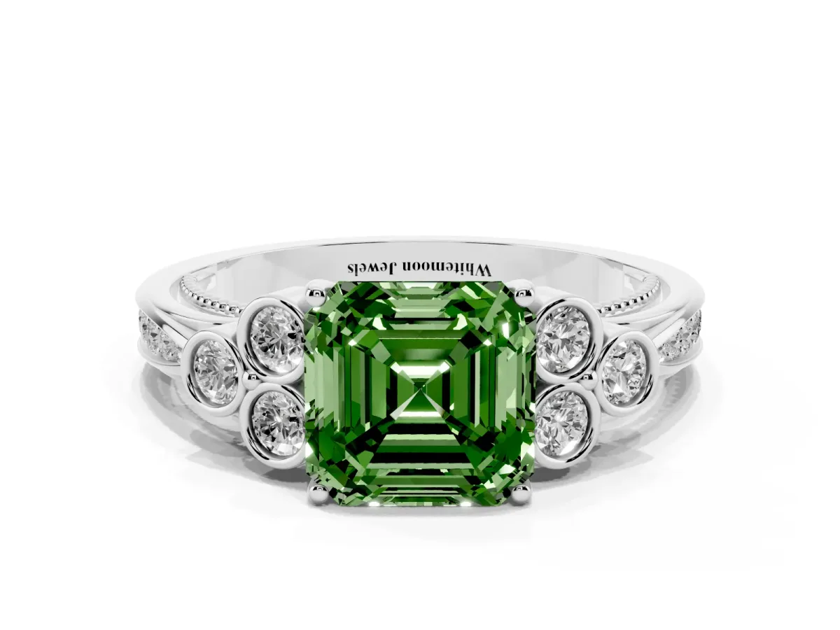 Fancy Green Asscher Cut Cut Diamond Engagement Ring with Bezel Set Round Side Stones and Prong Setting White gold