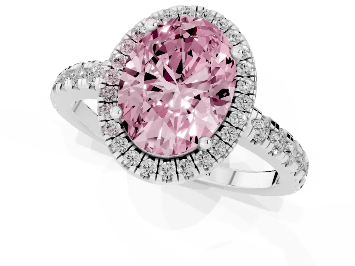 Fancy Pink Oval Cut Diamond Halo Ring with Pavé Band and Four-Prong Setting Platinum
