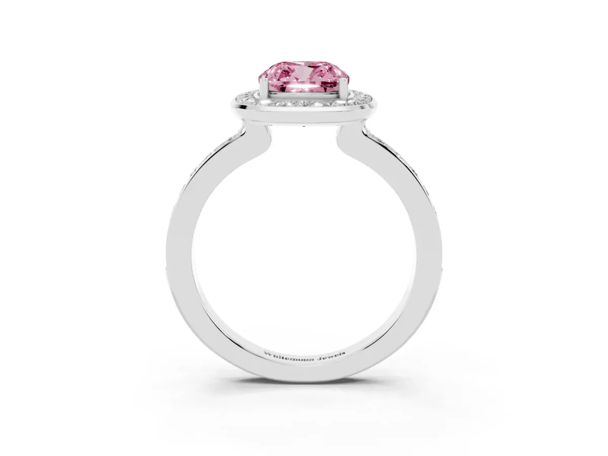 Fancy Pink Cushion Cut Diamond Halo Ring with Bezel Frame and Pavé Band Silver