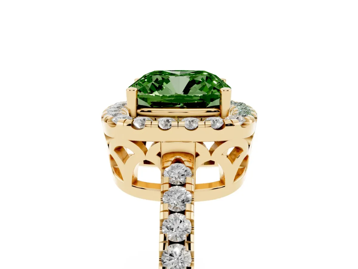 Fancy Green Cushion Cut Halo Diamond Engagement Ring with Pavé Band and Four-Prong Setting Yellow gold