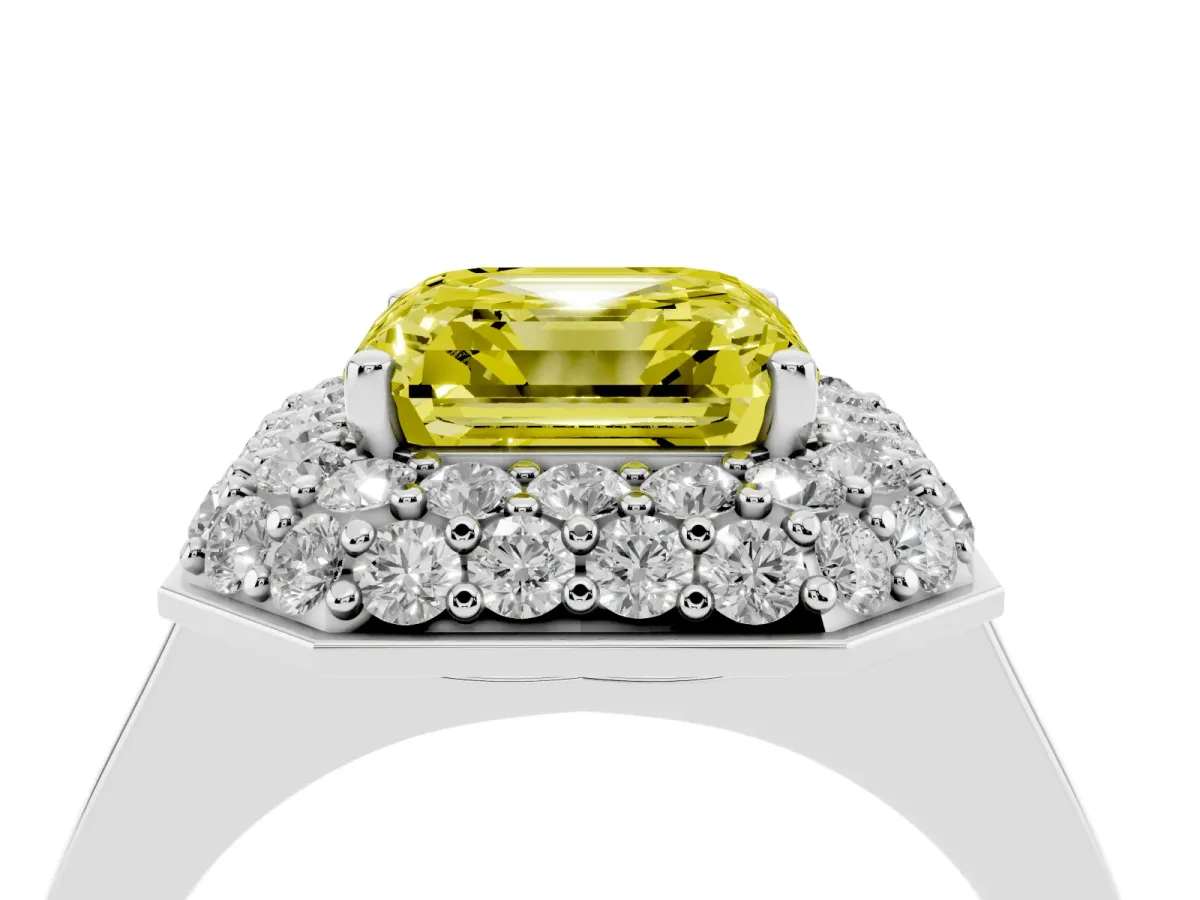 Fancy Yellow Asscher Cut Halo Diamond Engagement Ring with Solitaire Band and Four-Prong Setting Silver