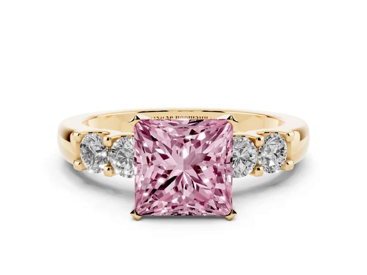 Fancy Pink Princess Cut Brilliant Cut Diamond Five-Stone Prong Set Engagement Ring with Channel Band Yellow gold
