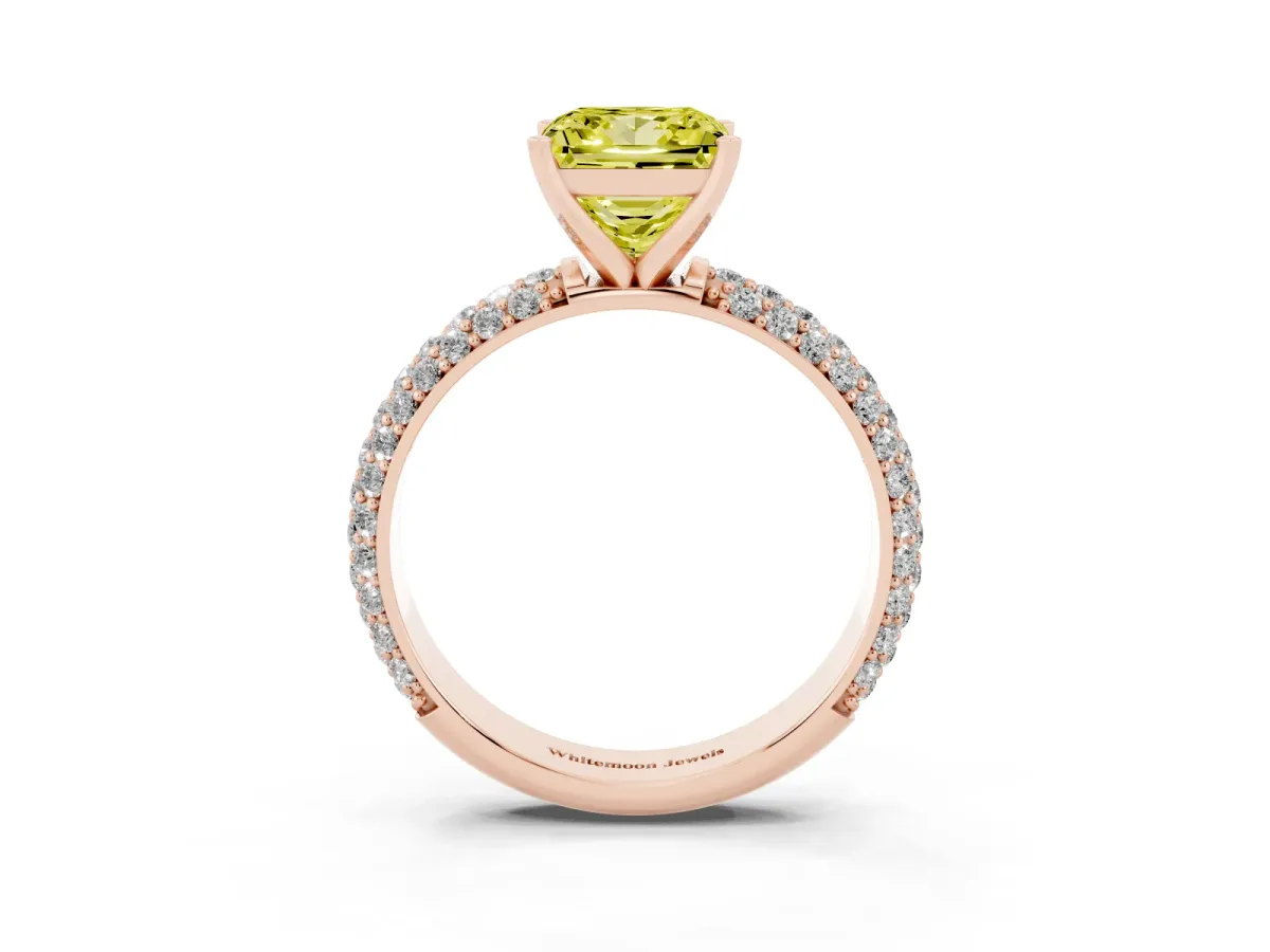 Fancy Yellow Princess Cut Diamond Solitaire Ring with Prong Setting and Pavé Band Rose gold
