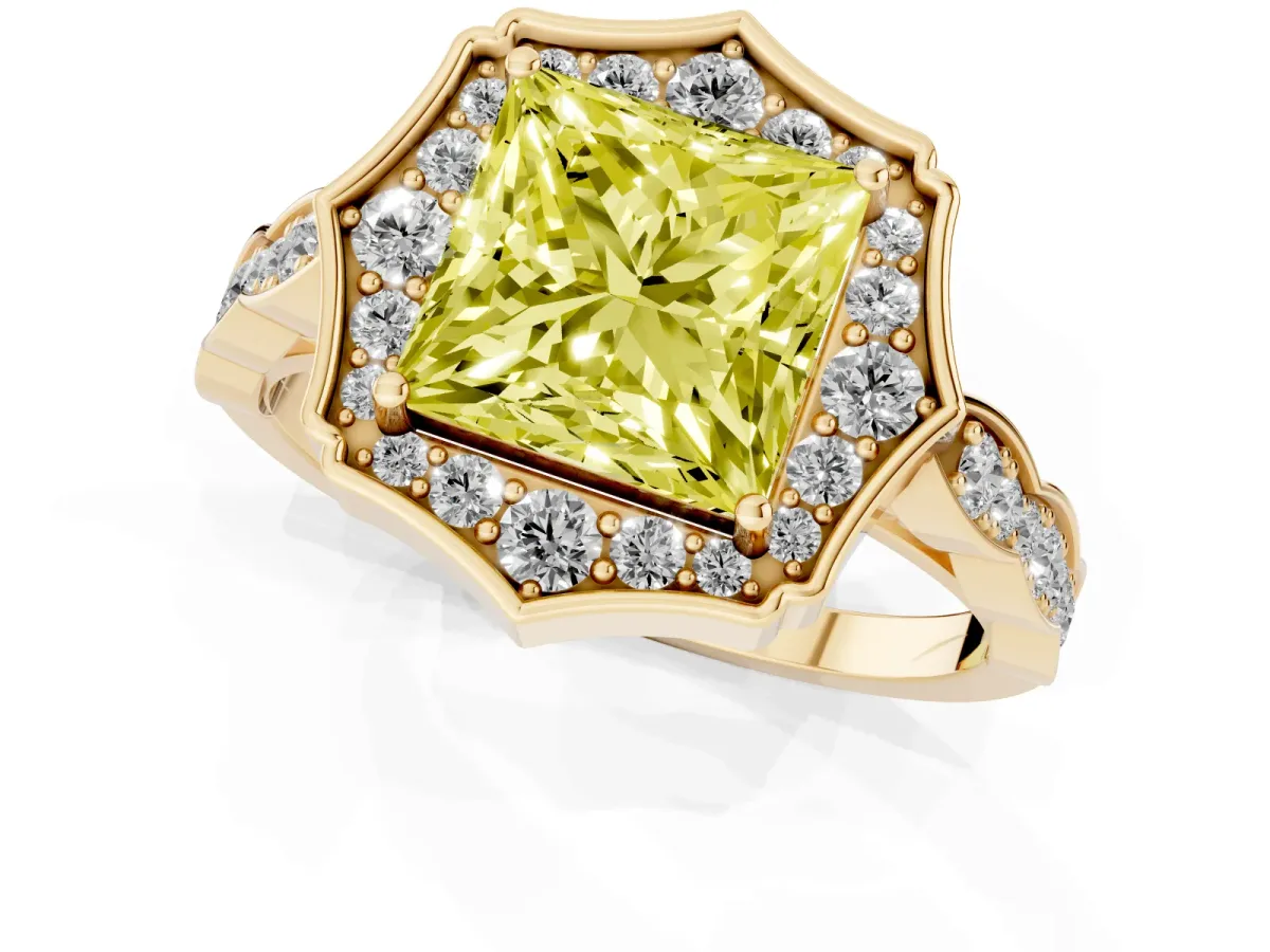 Fancy Yellow Princess Cut Halo Diamond Engagement Ring with Milgrain Band and Four-Prong Setting Yellow gold