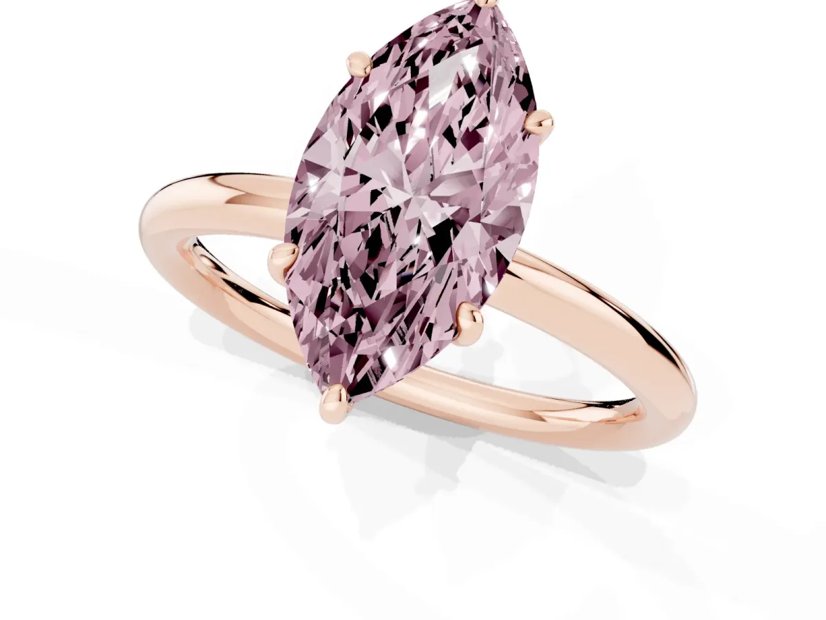 Fancy Pink Marquise Cut Solitaire Diamond Ring with Four-Prong Setting on a Plain Band Rose gold