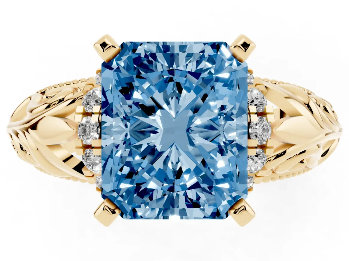 Fancy Blue Radiant Cut Solitaire Filigree Engagement Ring with Halo and Prong Setting Yellow gold