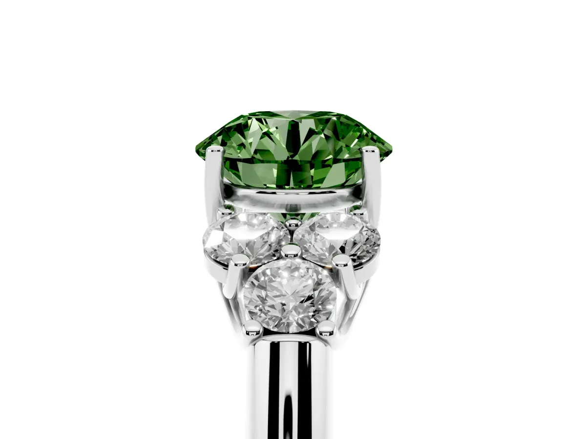 Fancy Green Round Cut Cut Diamond Cluster Ring with Round Accent Stones and Prong Setting on a Classic Band Silver