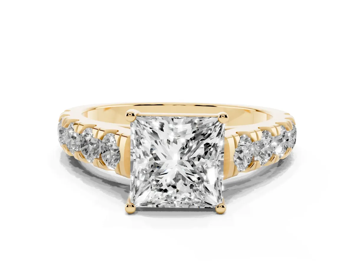 Princess Cut Cut Diamond Solitaire Ring with Micro Pave Band and Prong Setting Yellow gold